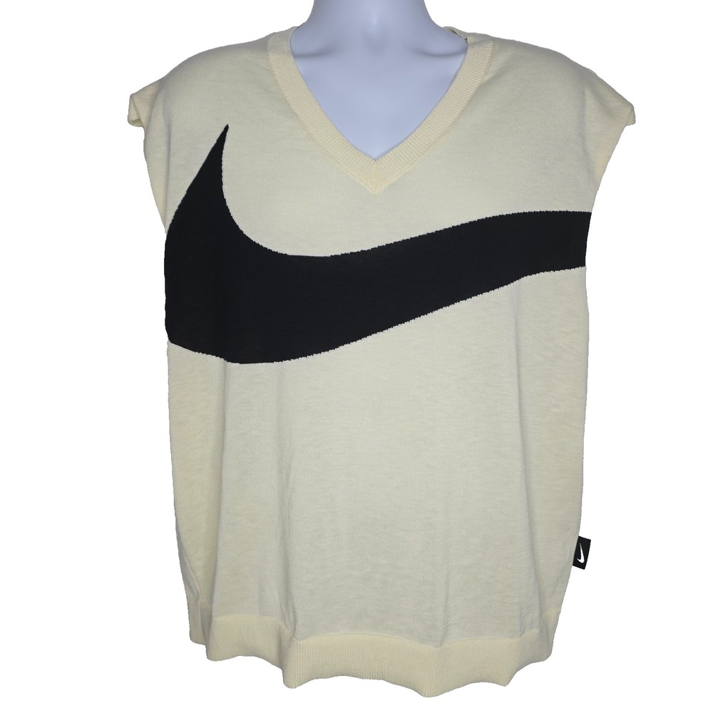 Nike Big Swoosh Logo Sweater Vest Mens Large Coconut Milk Black Knit NEW $80